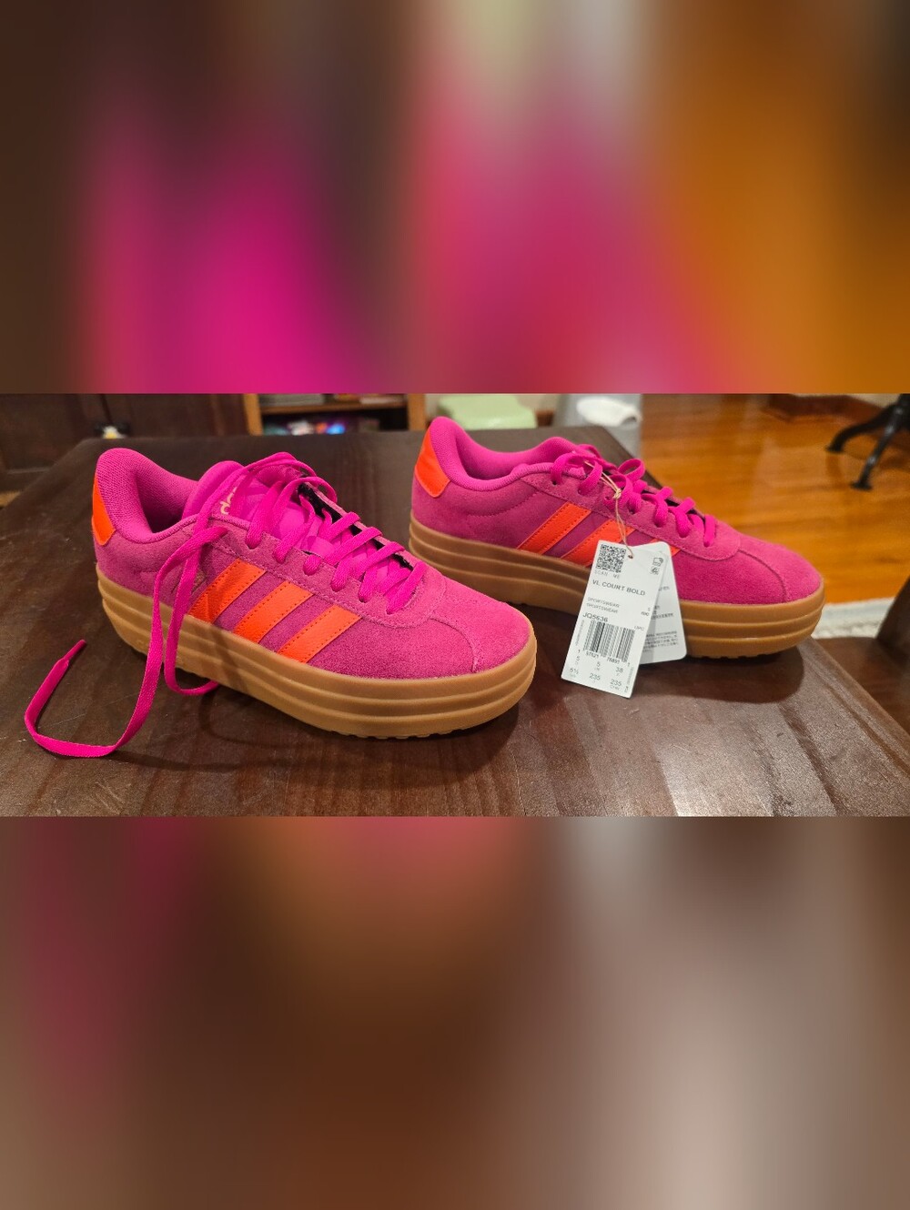 adidas Pink Suede Platform Sneakers with Orange Stripes